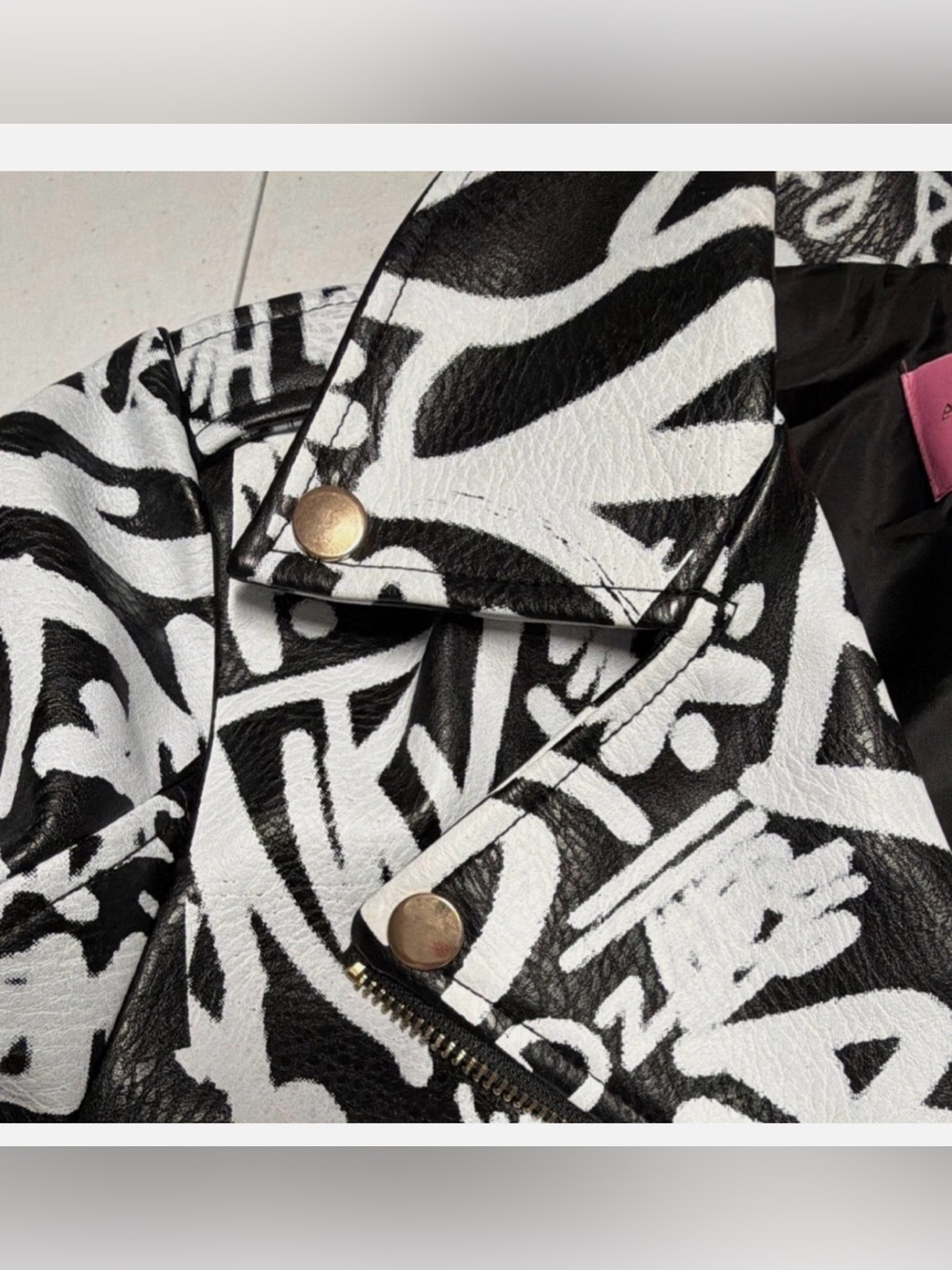 Azalea Wang No Game Graffiti-Print Black & White Faux Leather Moto Jacket. - Picture 6 of 8